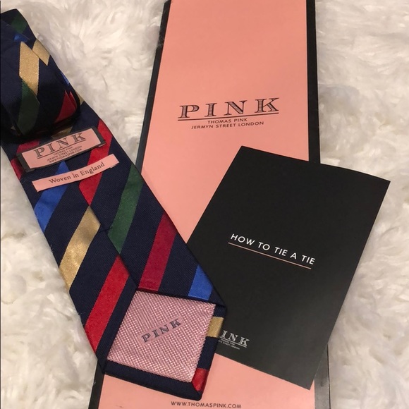✨NEW✨ Authentic Thomas Pink Navy Blue Tie wStripes - Picture 2 of 4